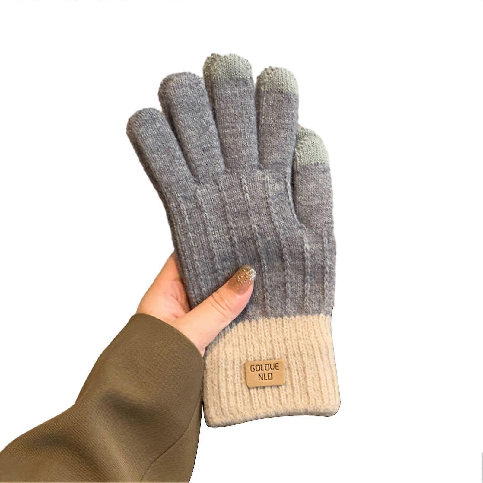 1 Pair Winter Gloves Unisex Touch Screen Soft Thick Plush Full Fingers Knitted Color Matching Anti-slip Thickened Outdoor Cycling Gloves