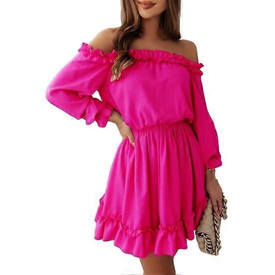 Dress Off Shoulder Backless Ruffle Long Sleeves Pleated Patchwork Solid Color A-line Lady Prom