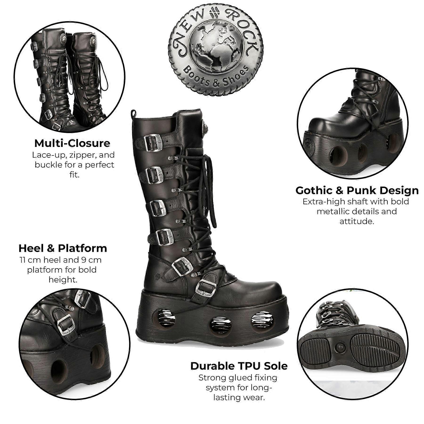 New Rock Boots M-272-S2 Unisex Knee High Metallic Black Leather