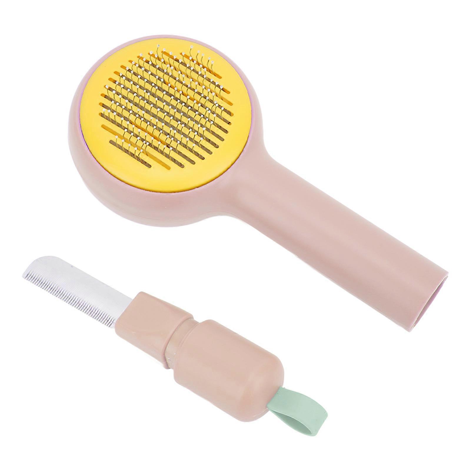 Pet Hair Comb Pet Self Cleaning Open Knot Brush with Comfortable Handle for Shedding and GroomingPink+Yellow