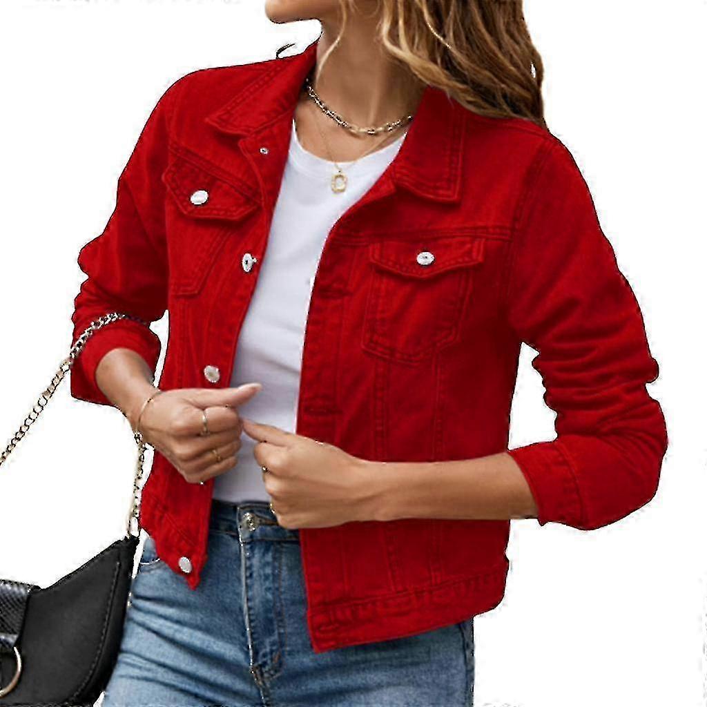 Women's Cropped Long Sleeve Button Down Denim Jean Jacket with Pockets