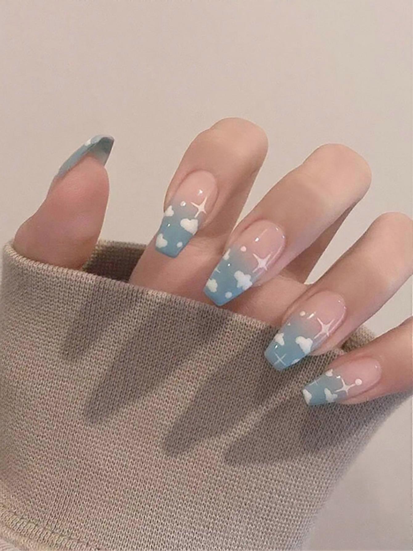 24pcs Blue Clouds False Nails Pink Blue White Cloud False Nails