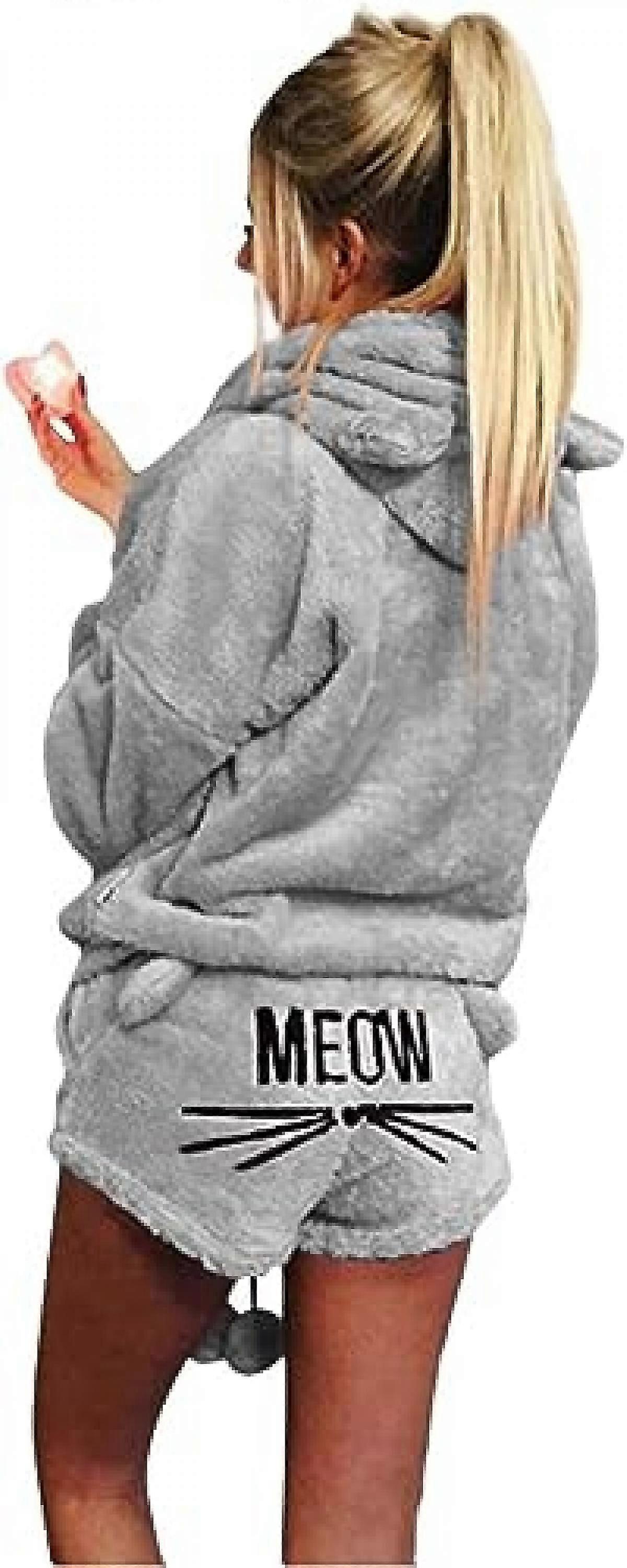 kvinnors söta fleece pyjamas kostym huva nattkläder mjau shorts set (grå, XL)