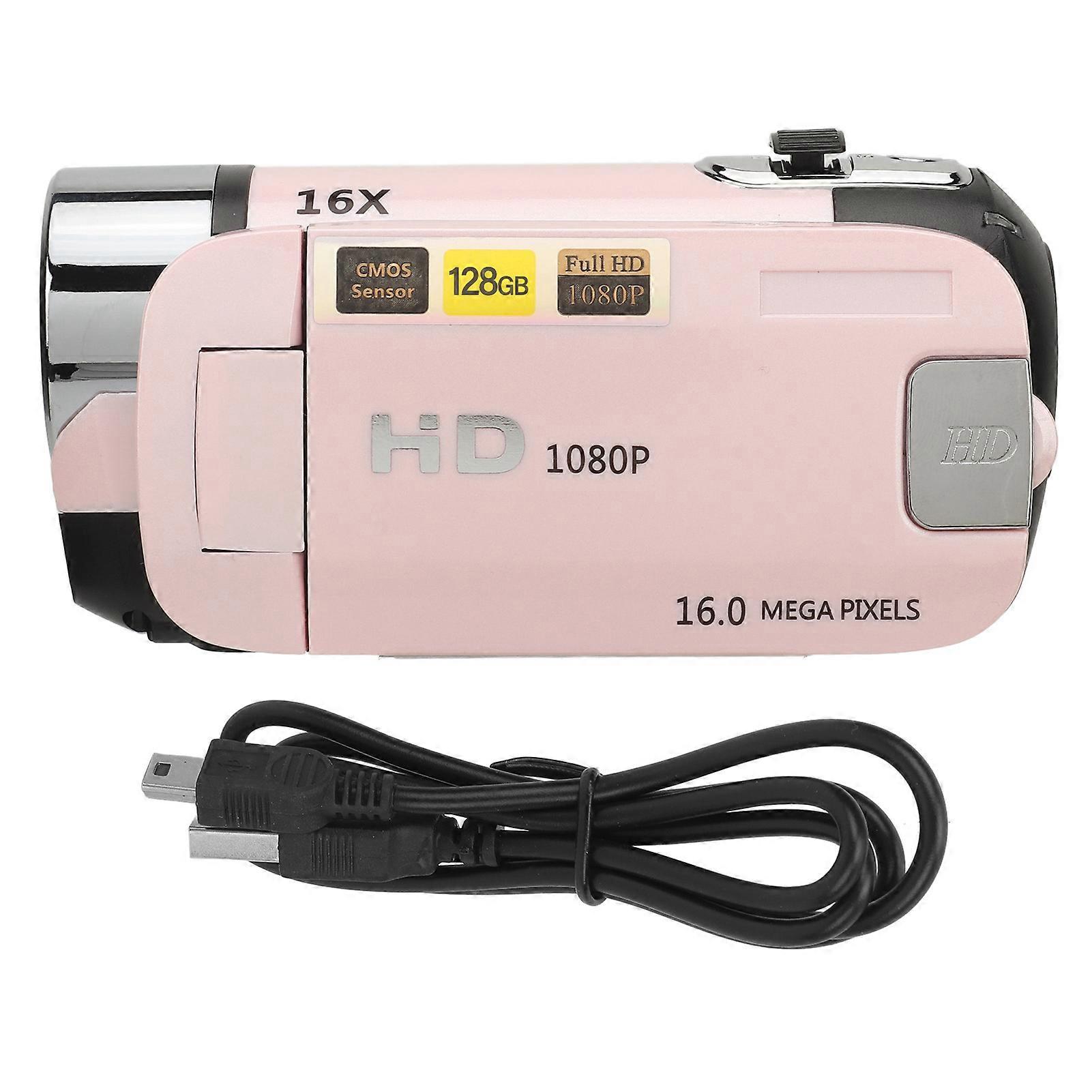 D90 1080P 16MP Digital Camera, 2.4-inch Rotating Screen, 16x Zoom, HD Video Recorder with Fill Light, Pink