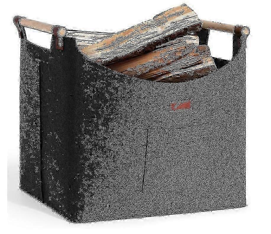 木製ハンドル付き大型暖炉木製バスケット - 薪、ショッピング、新聞用のフェルトバスケット