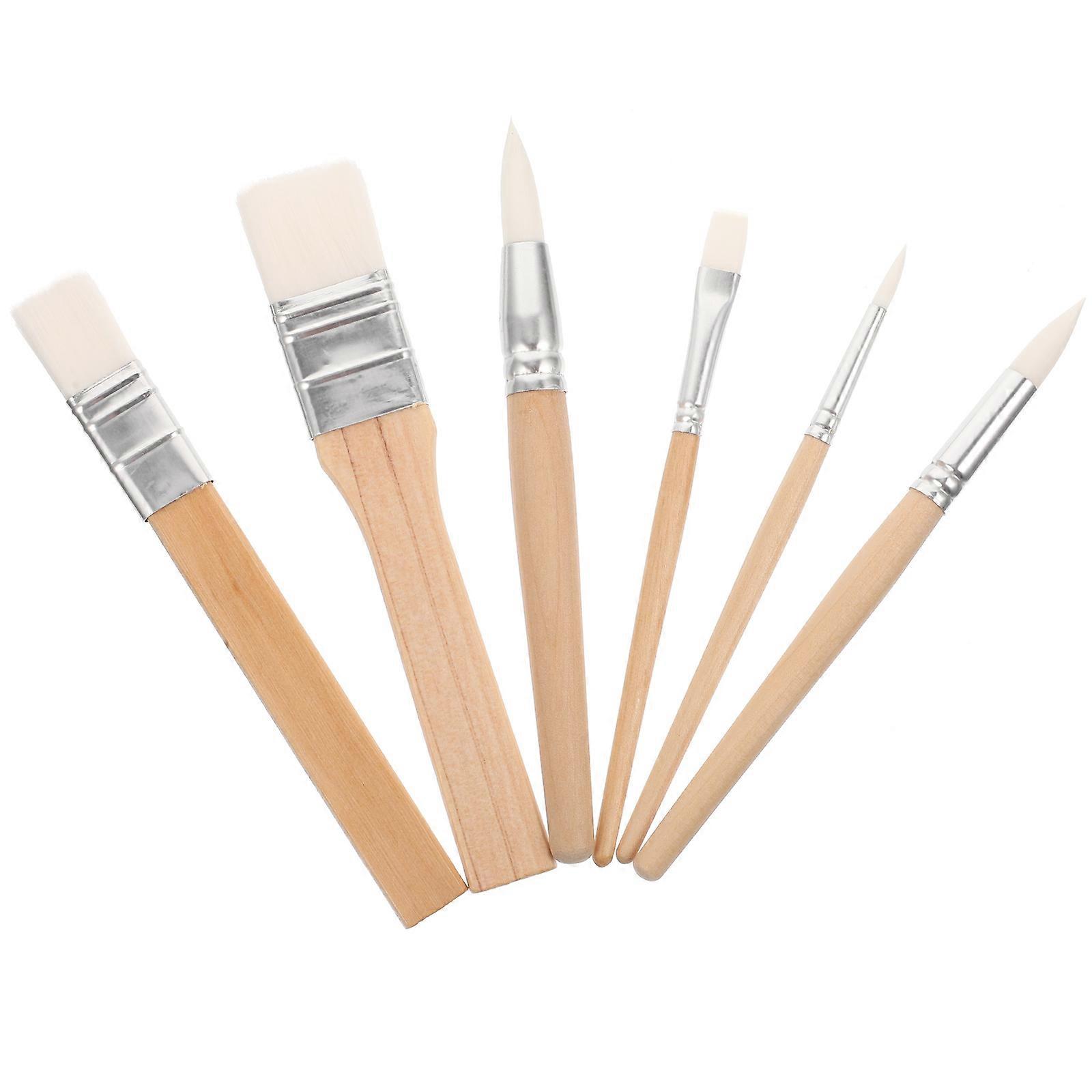 6 יחידות מברשות צבע עם ידית קצרה עם זיפי ניילון לבנים לציור בצבעי מים, שמן וגואש - סט מברשות אמנות ובית רב-תכליתי