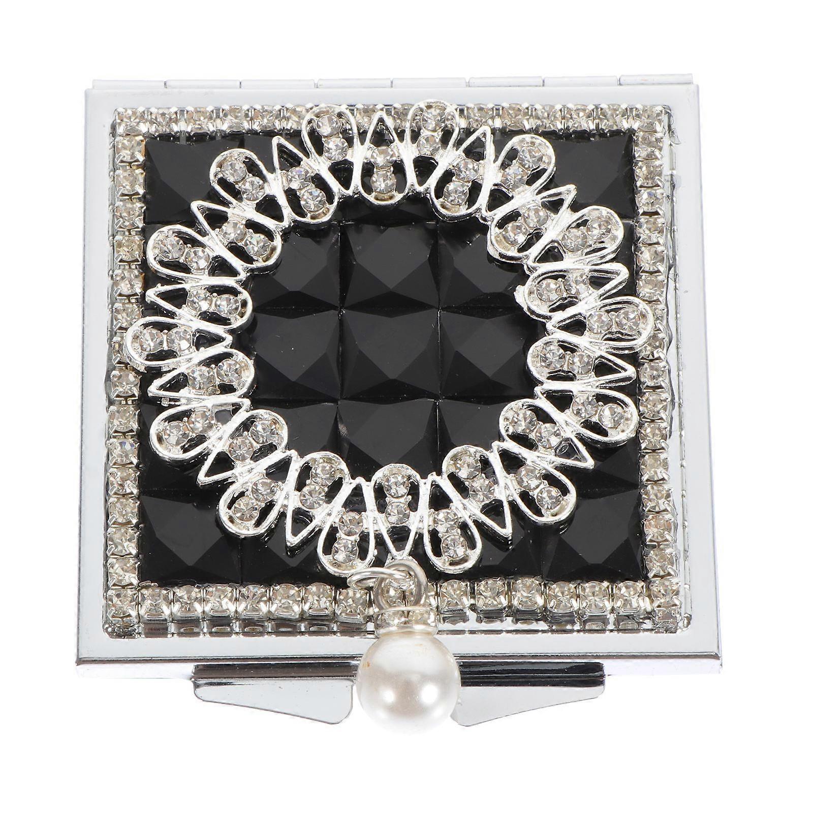 Cosmetics Mirror Pearl Pendant Double-Side Mirror Everyday Use Black 6.3X6X1CM Folding High-Definition Reflection 1Pcs
