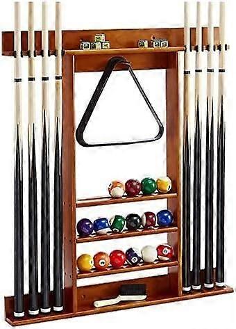 Wallmounted wooden pool cue holder, commercial billiard table accessory for clubs/gyms/garages, easy to install, holds up to 8 pool cues.