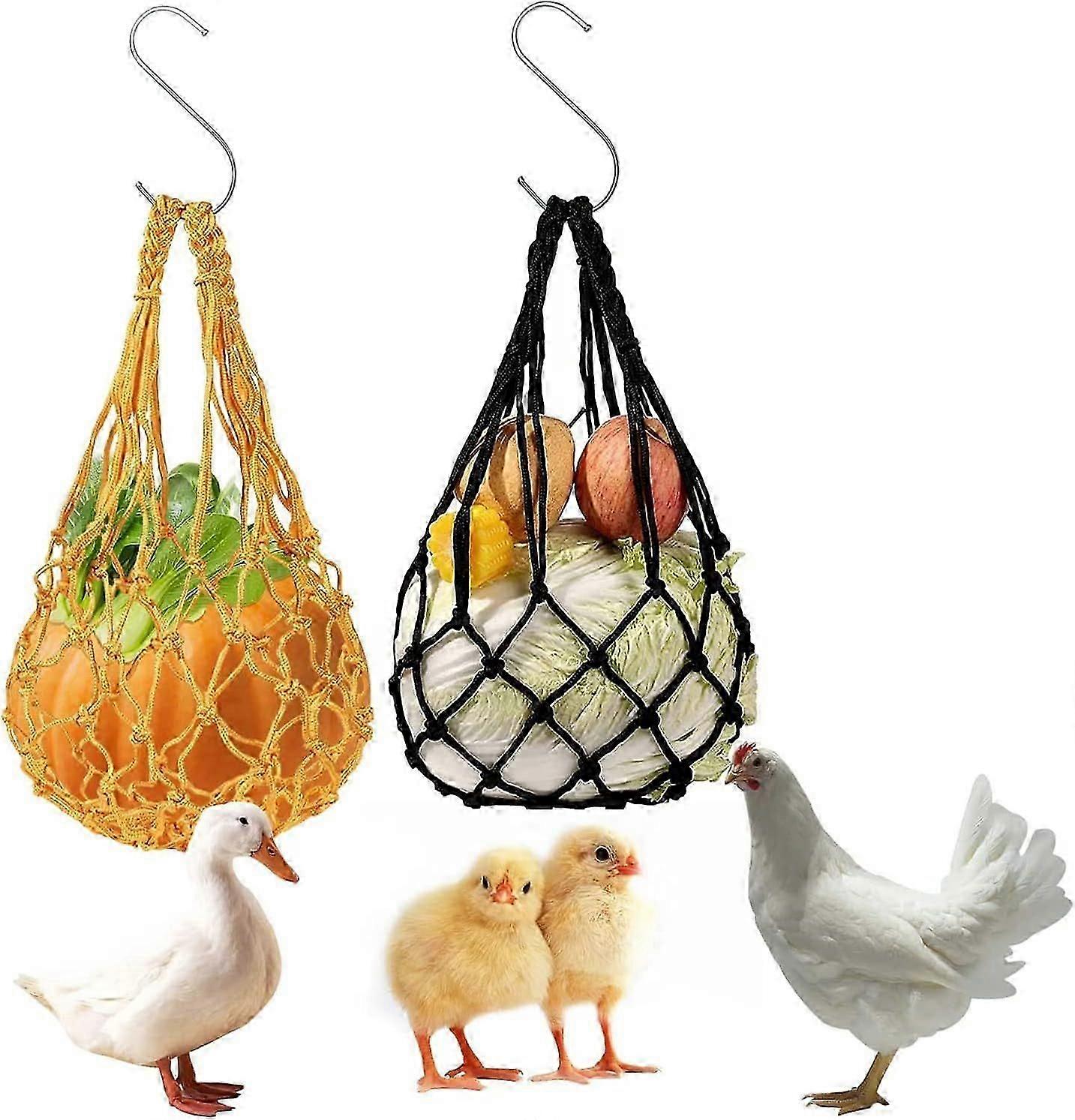 Hühnerfutterautomat, 2PCS hängende Netztasche für Hühner, automatischer Hühnerfutterautomat, hängender Futterspieß, Anti-Abfall-Netzbeutel für Obst und Gemüse