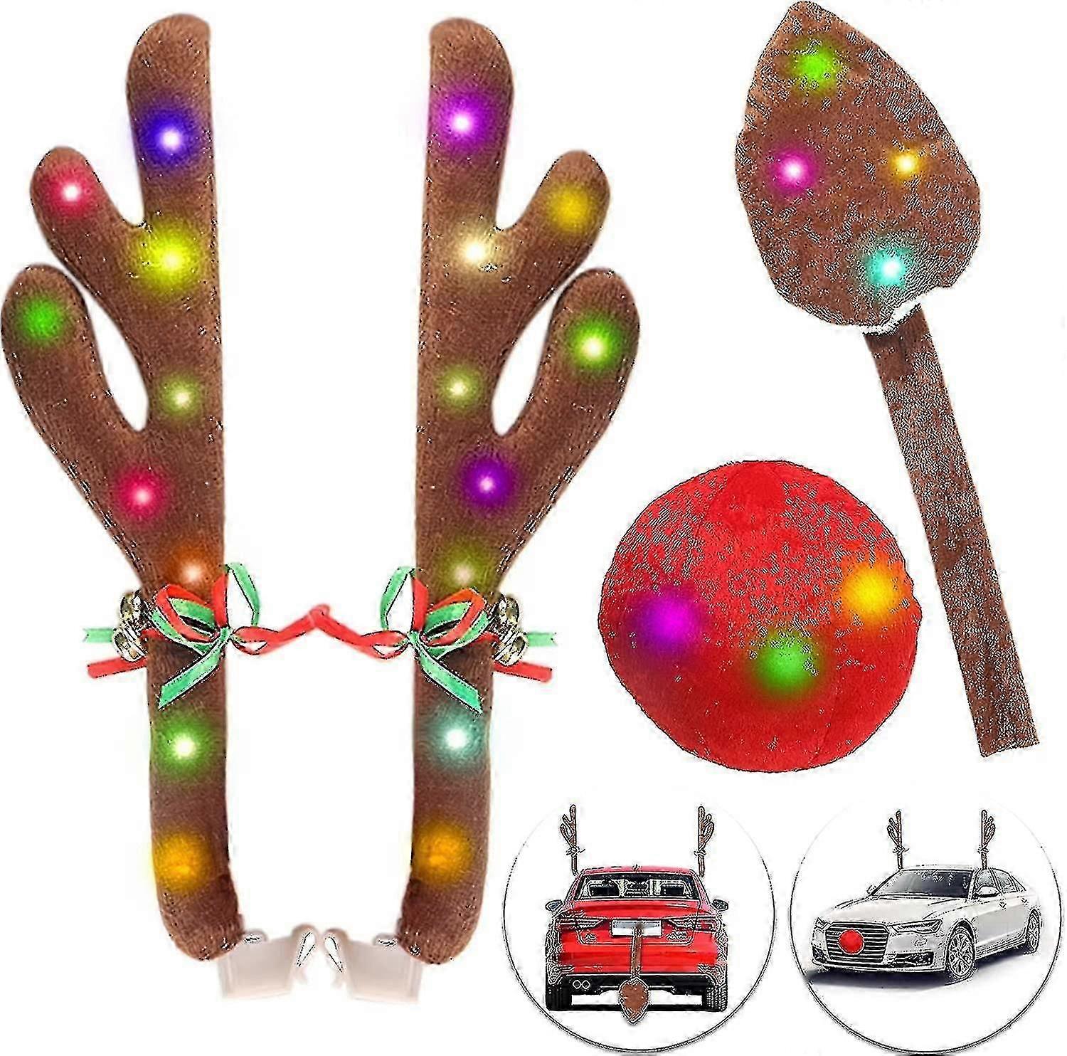 Cornamentas de reno para automóviles, Kit de automóvil de astas de Navidad de reno con luces led, Kit de automóvil de reno