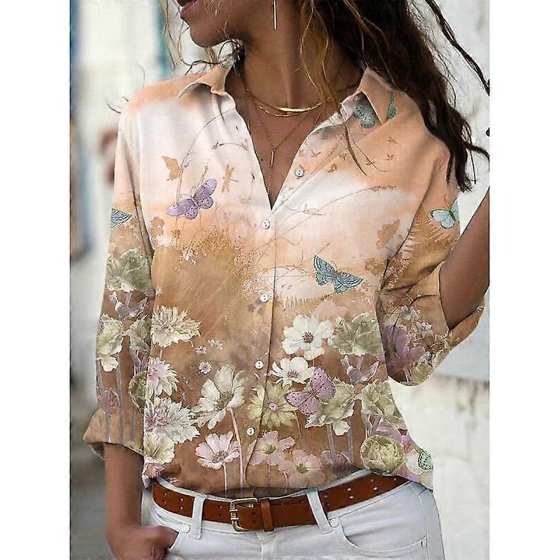 Spring and Autumn Women's Plus Size Shirt Printed Long Sleeve Lapel Shirt