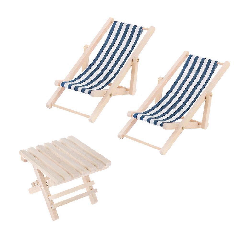 1 Set 1/12 Mini House Furniture Model Wooden Lounge Chairs Beach Chair Set for Kids (2pcs Lounge Chairs and 1pc Foldable Beach Table Blue)