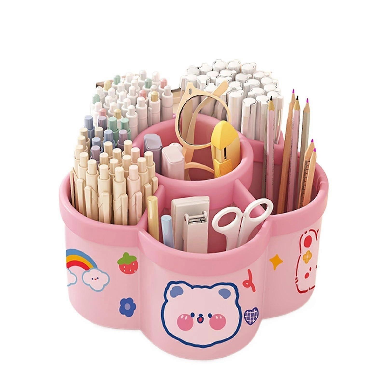 Desktop Rotating Stationery Pen Holder Large Capacity Storage Box Multifunctional Organiser Cherry Pink