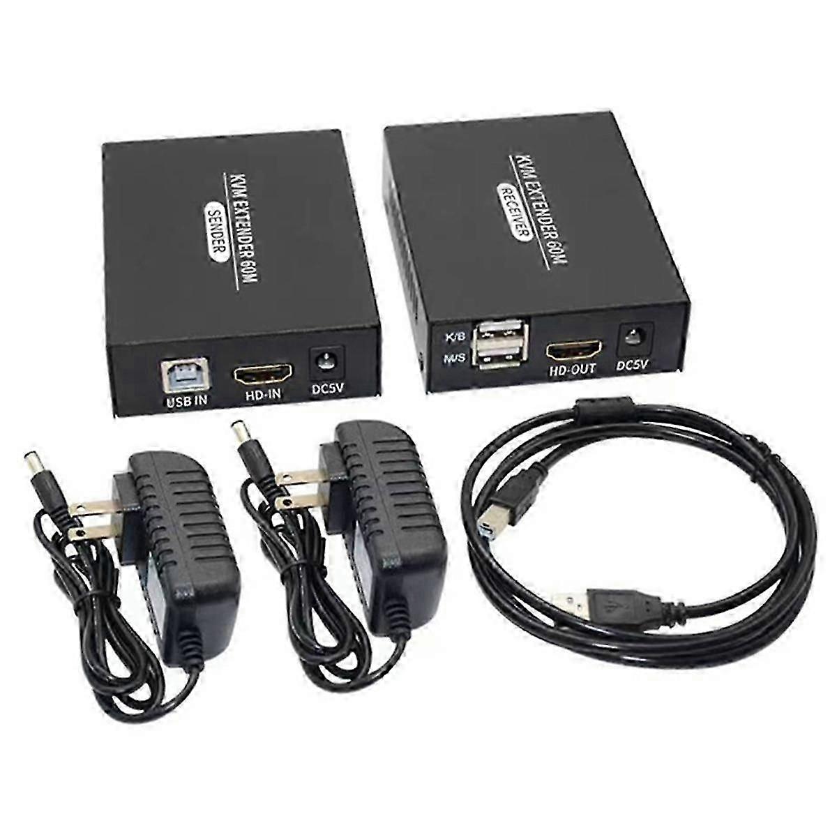 60M - Kompatibel KVM-forlænger - Kompatibel USB KVM Ethernet-forlænger sender/modtager US-stik