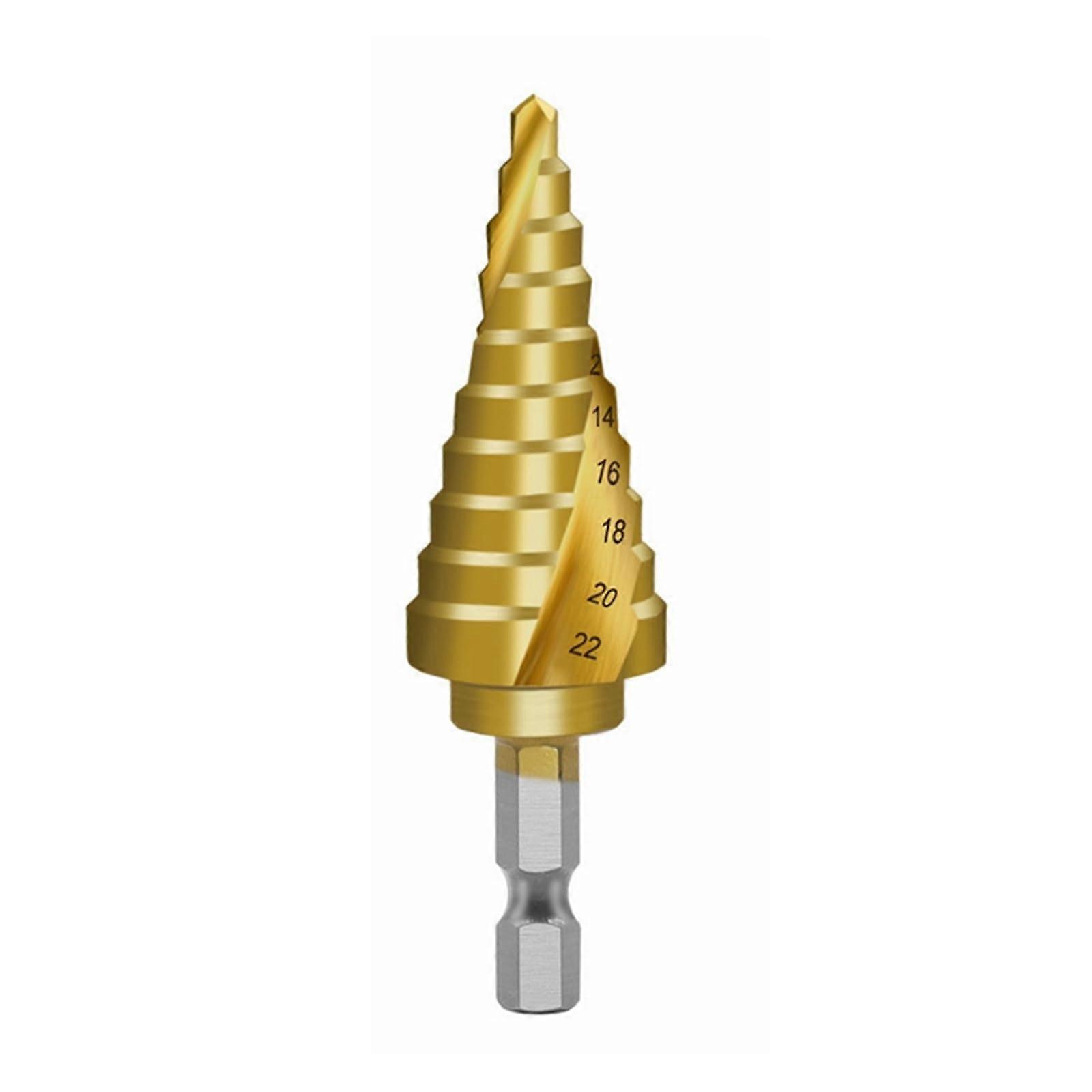 HSS Step Drill Bit Titanium Coated For Wood And Metal 4-22 Mm With Hex Shank Pagoda Style Spiral Groove