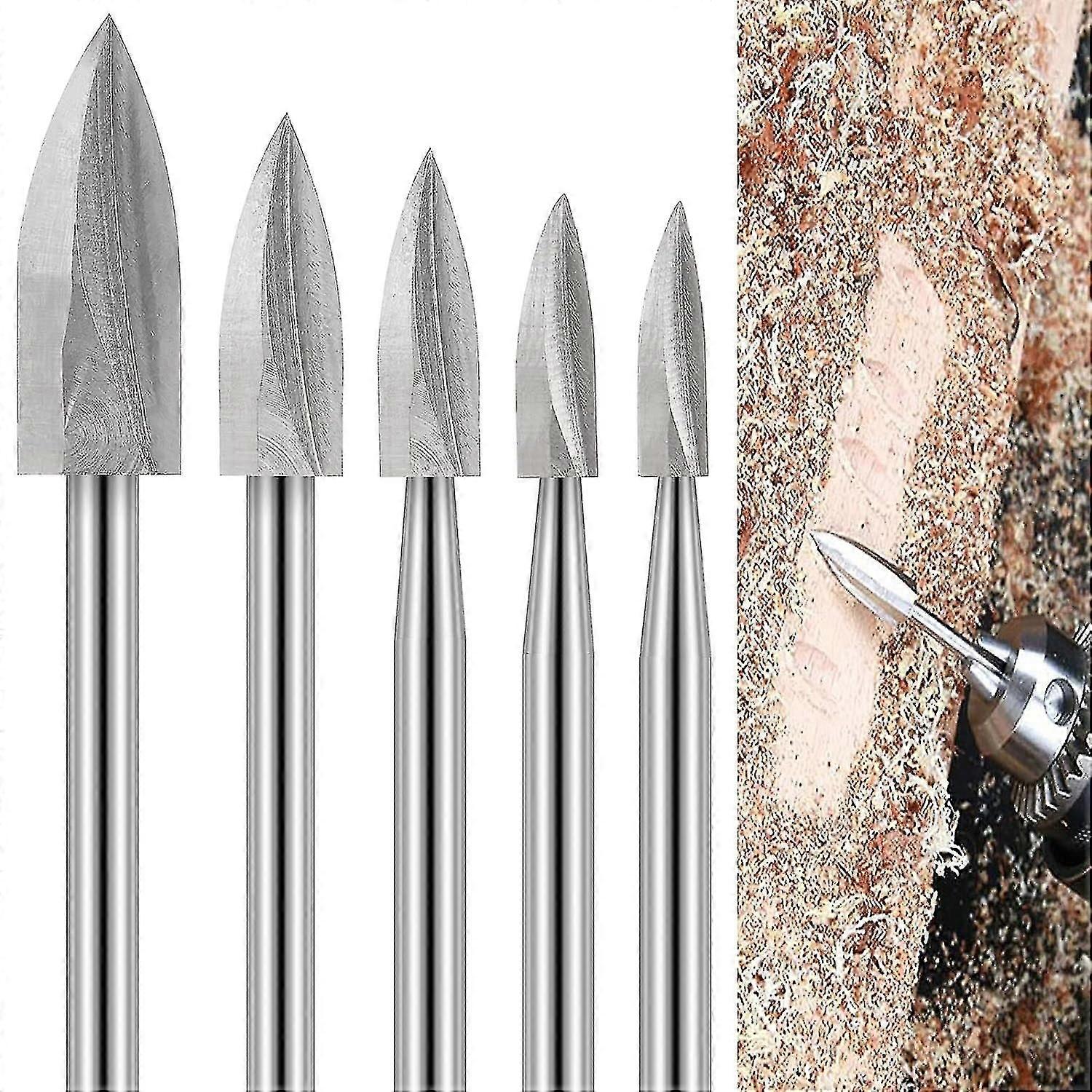 Wood Carving Drill Bits Set For Rotary Tool, 5pcs Wood Engraving Tool For Dremel Accessory, Diy Woodworking Bits With 1/8 Shank For Carving Grinding E