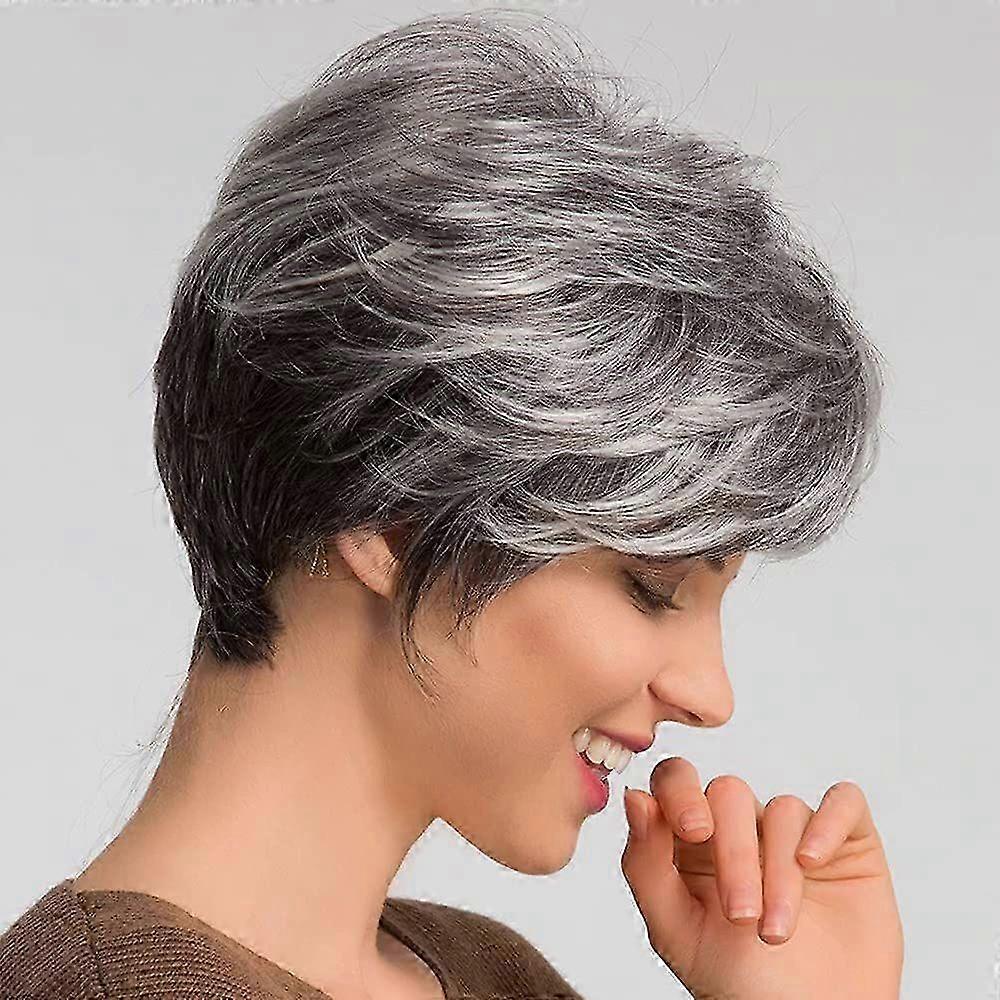 Black Mixed Grey Wig Short Pixie Wig Synthetic Fluffy Hair Wigs