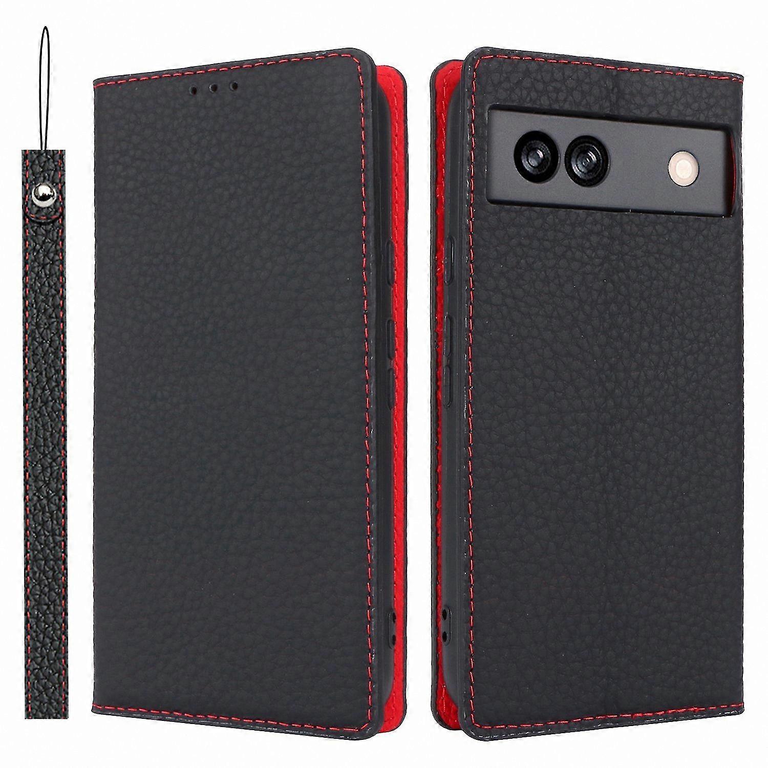 Genuine Cowhide Leather Phone Wallet Case with Litchi Texture and Strap for Pixel 8a - Orange