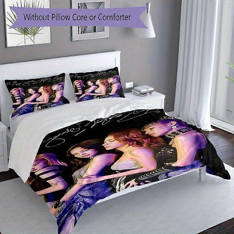 TE942 3st tryckta sängkläder set het K-pop Group svart sängkläder set - mjuk polyester, maskintvättbar, inkluderar 1 påslakan och 2 kärnlösa