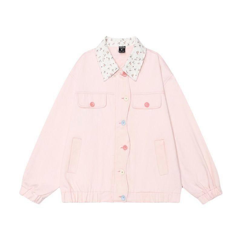 Pink Small Floral Lapel Denim Baseball Jacket For Women In Autumn, Loose And Versatile Jacket With Colorful Buttons, Artistic Style