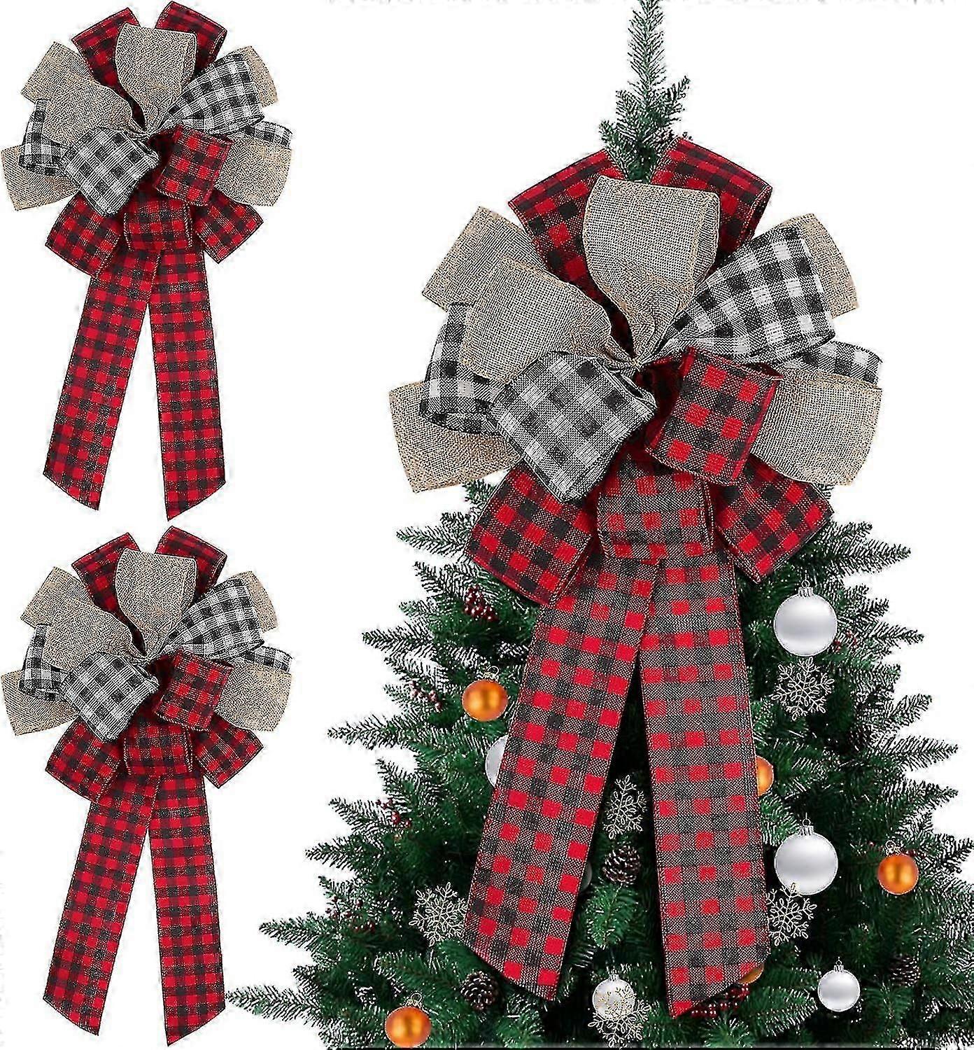 2 Pack Large Christmas Bows Wreath Decoration,buffalo Plaid Xmas Tree Topper Ornament,red Xmas Decorative Bow Garland,40*24cm.