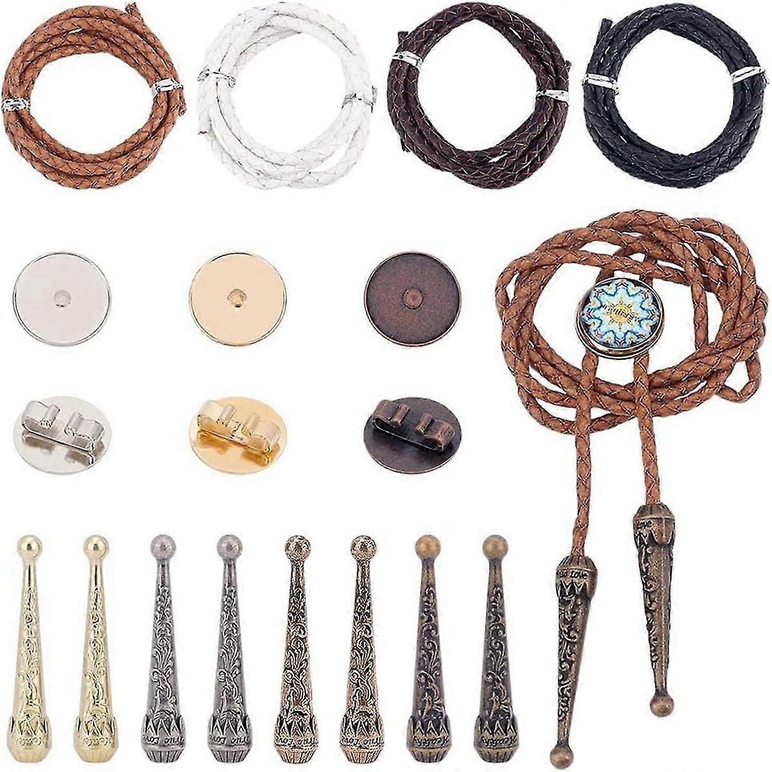 4 Sets Bolo Tie Making Kit, Bolo Tie Tips Replacement End Caps Kit Flat Round Bolo Tie Buckle Access