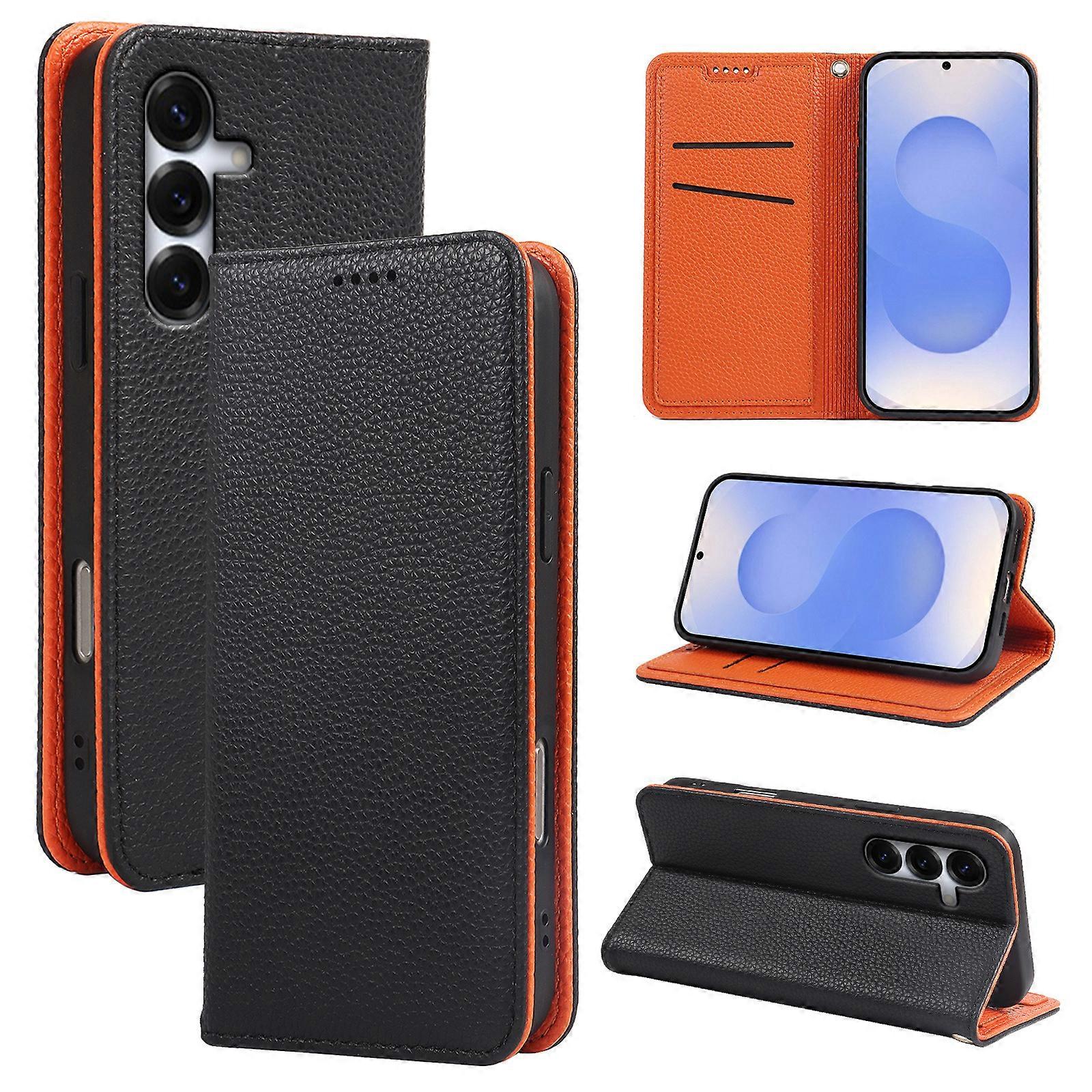 Samsung S25 mobile phone leather case two-tone lychee pattern for Galaxy S24 FE strong magnetic S23 flip cover
