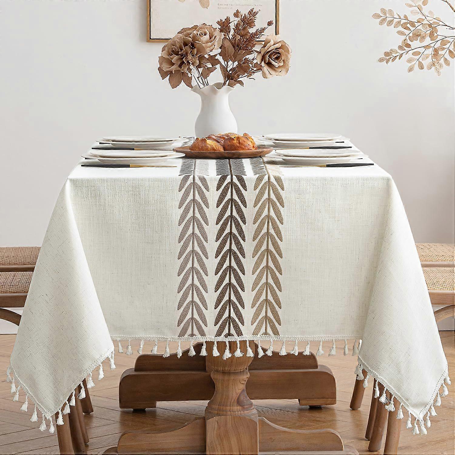 Waterproof Tablecloth Rectangular 140x180cm Beige Leaves Table Cloth Tassel Tablecloth Elegant Tablecloth Rectangle for Kitchen Table Decoration