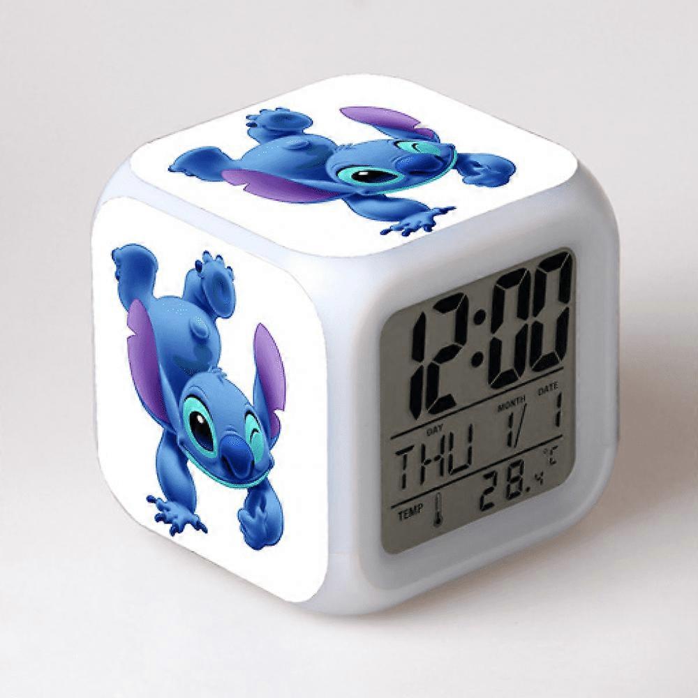 HANNTAOO Digital Alarm Clock for Kids, Cartoon Stitch Pattern, 7 Color LED, Thermometer, Night Light, Gift for Boys Girls A93-1857
