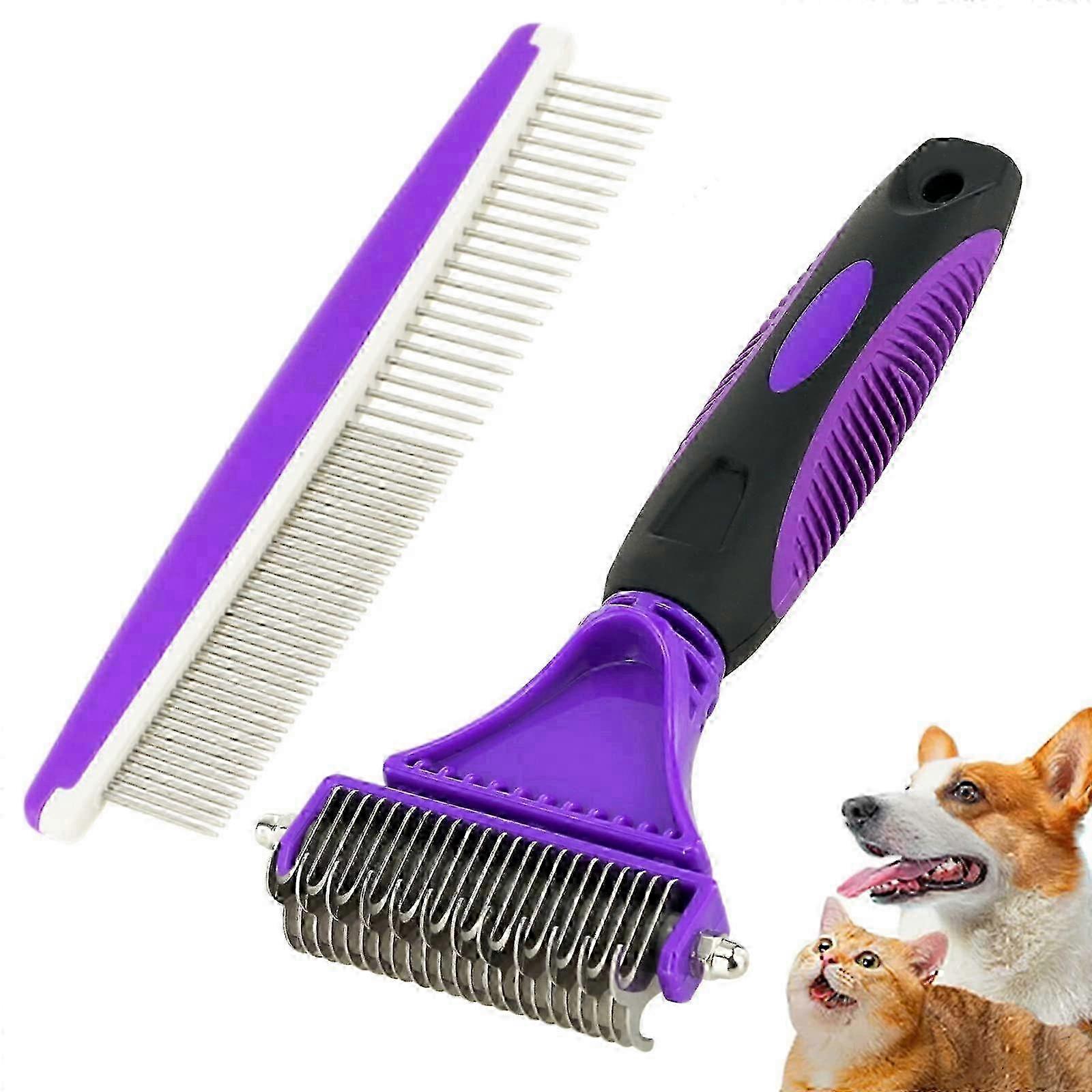 2 Pack Pet Dematting Tool Double Sided Undercoat Rake & Dematting Comb for Medium or Long-haired Dogs & Cats