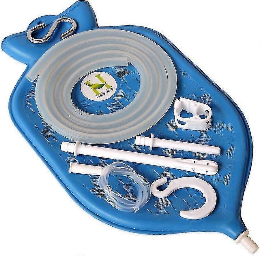 Rubber Enema Bag Kit For Colon Cleansing With Silicone Hose (2 Quart Open Top) - Blue
