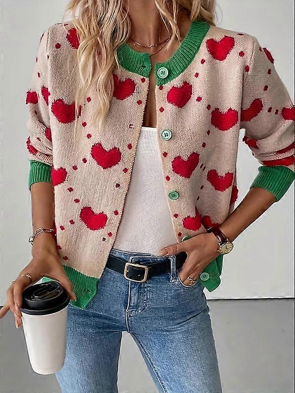 Women's Heart Print Button Front Cardigan Casual Long Sleeve