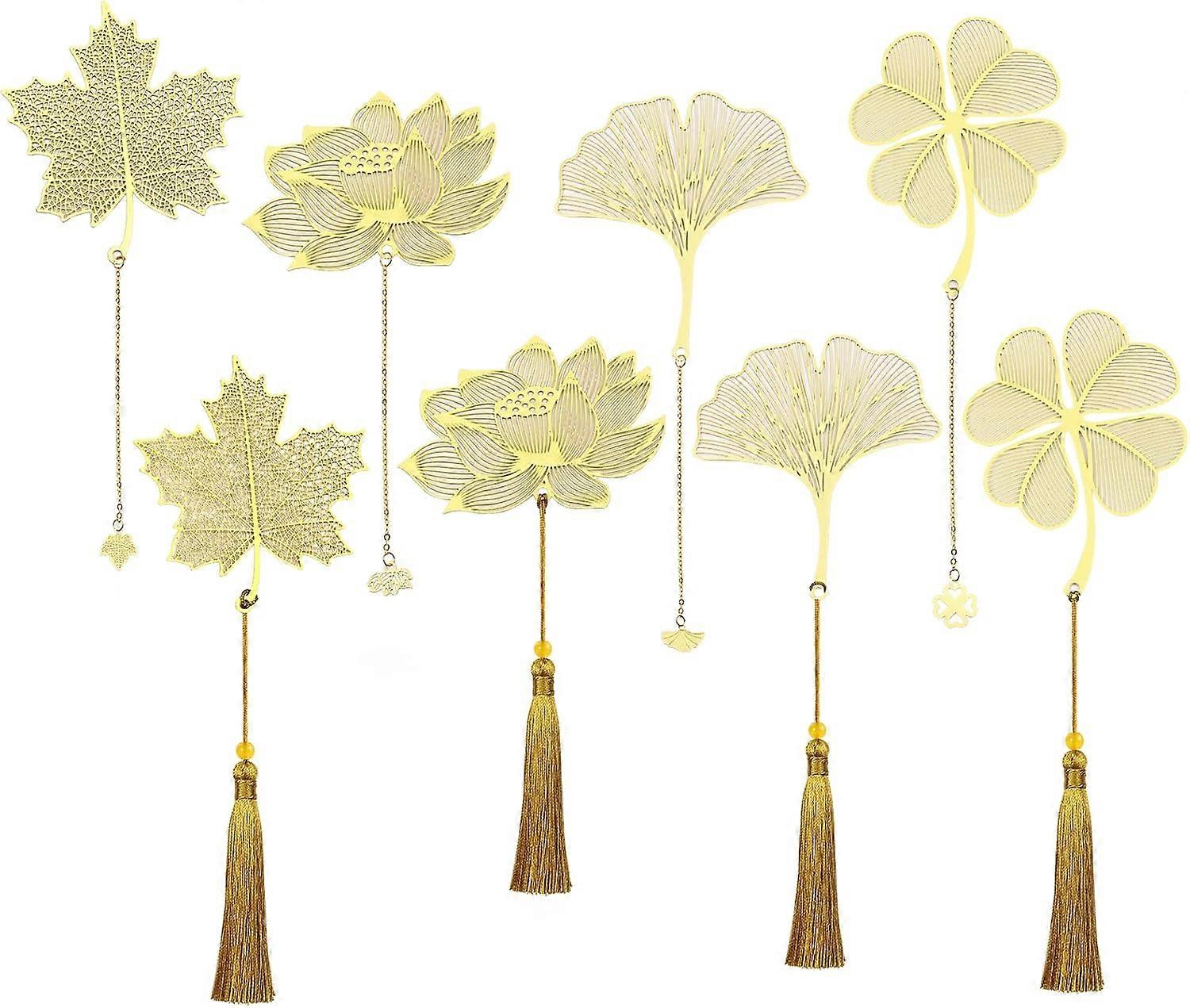 Set of 8 Metal Bookmarks, Gold Leaf Bookmarks with Chain, Gold Hollow Bookmarks with Tassel, Cute Bookmarks, Unique Metal Bookmarks
