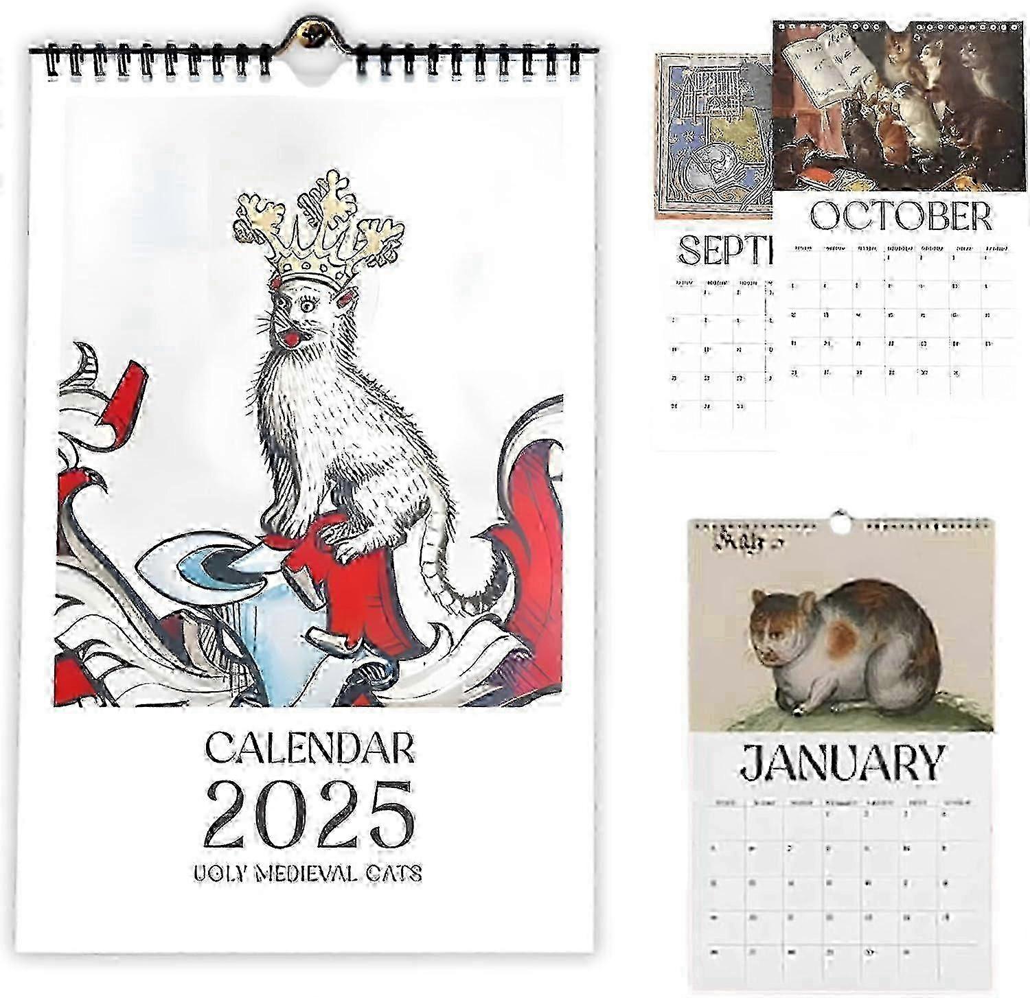 تقويم القطط القبيح في العصور الوسطى 2025 ، تقويم القطط الغريب في العصور الوسطى ، تقويم حائط القطط القبيح ، هدية تقويم القطط لمدة 12 شهرا لمحبي القطط