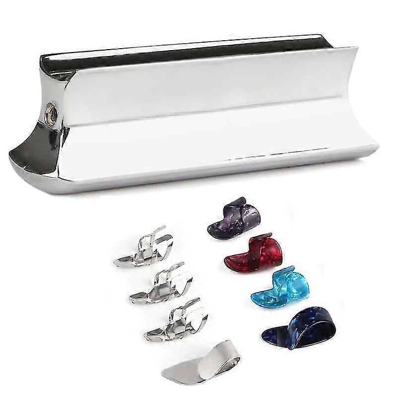 Slide de guitarra em metal e aço, com palhetas para polegar e dedos em celuloide e aço inoxidável