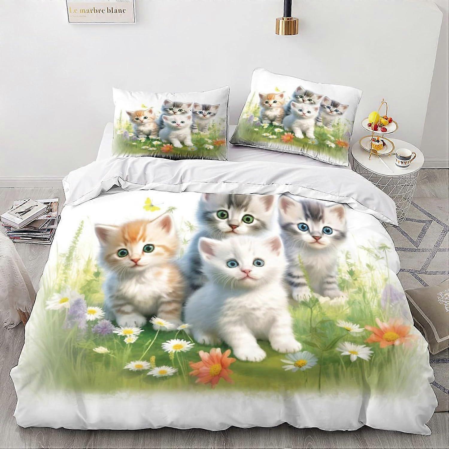 LikeEj القط لحاف غطاء موضوع المعزي غطاء 3D لطيف كيتي نمط الفراش مجموعة للأطفال هدية، لحاف غطاء الترا لينة غرفة ديكور أغطية السرير