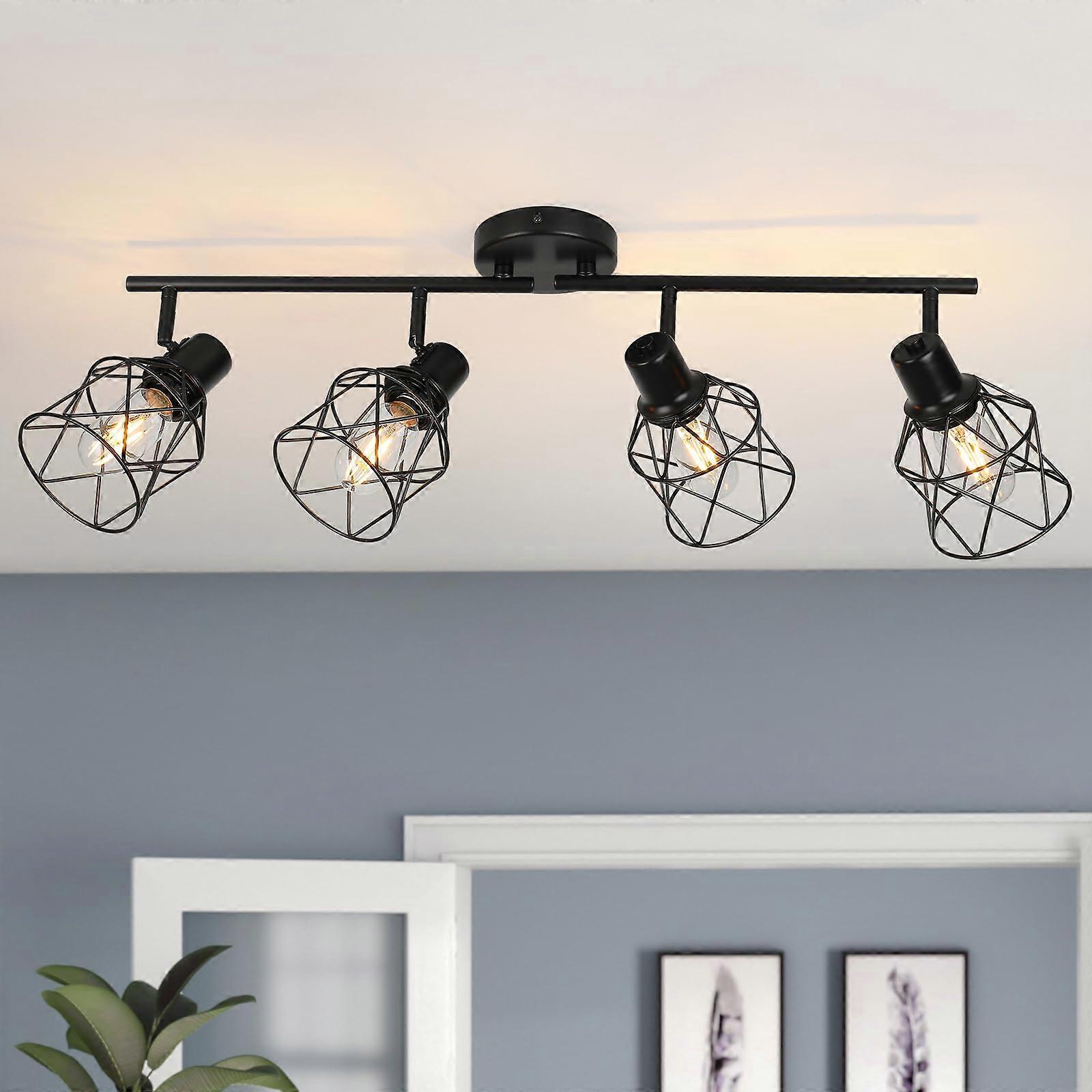 Industrial 4Light Track Lighting Fixtures, 360° Adjustable Black Ceiling Spot Lights E26 Base