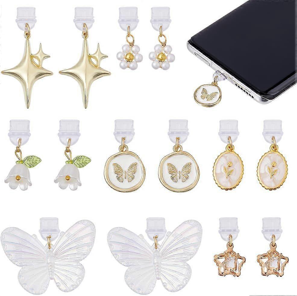 14 Pcs Dust Plug Charms Acrylic Mobile Dustproof Plugs with Glass Pendants 7 Style Charging Port Protector with Mixed Shape for Cellphone Charging Por