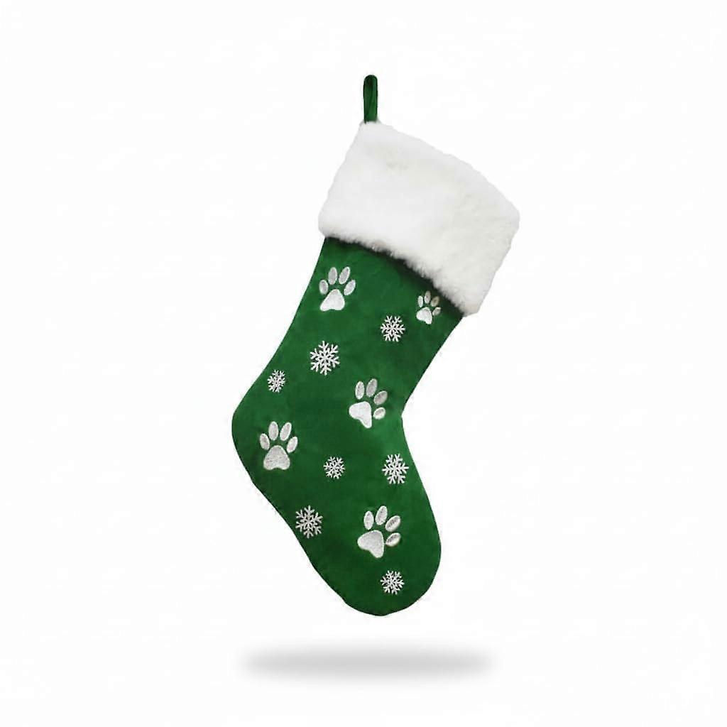 Large Pet Paw Christmas Stocking 18 Inch Green with Plush Cuff and Festive Snowflake Design