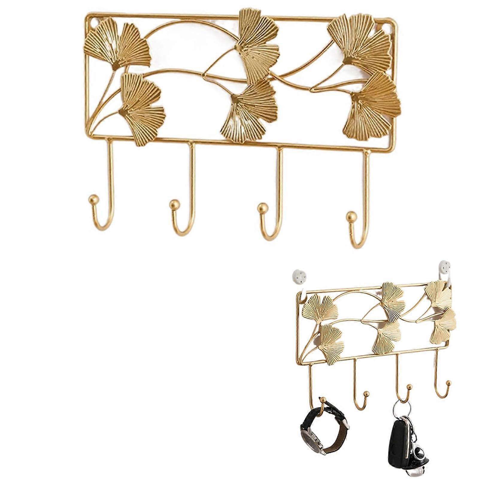 Gold Wall Mounted Coat Rack with 4 Hooks Elegant Ginkgo Leaf Design for Entryway Organization