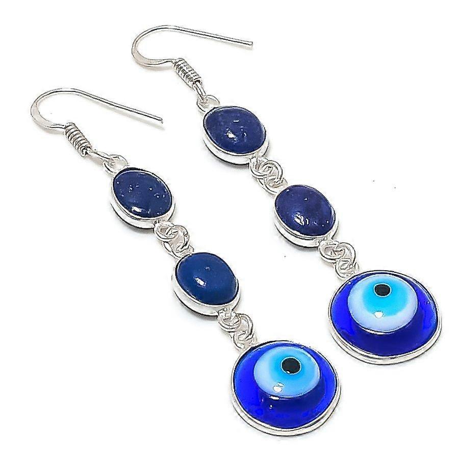 Blue Evil Eye, Lapis Gemstone 925 Sterling Silver Earring 2.76"