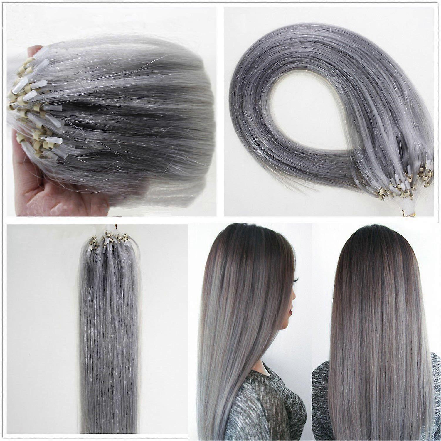 Grey Remy Human Hair Extensions Easy Loop Micro Ring 16 Inch Instant Length and Volume
