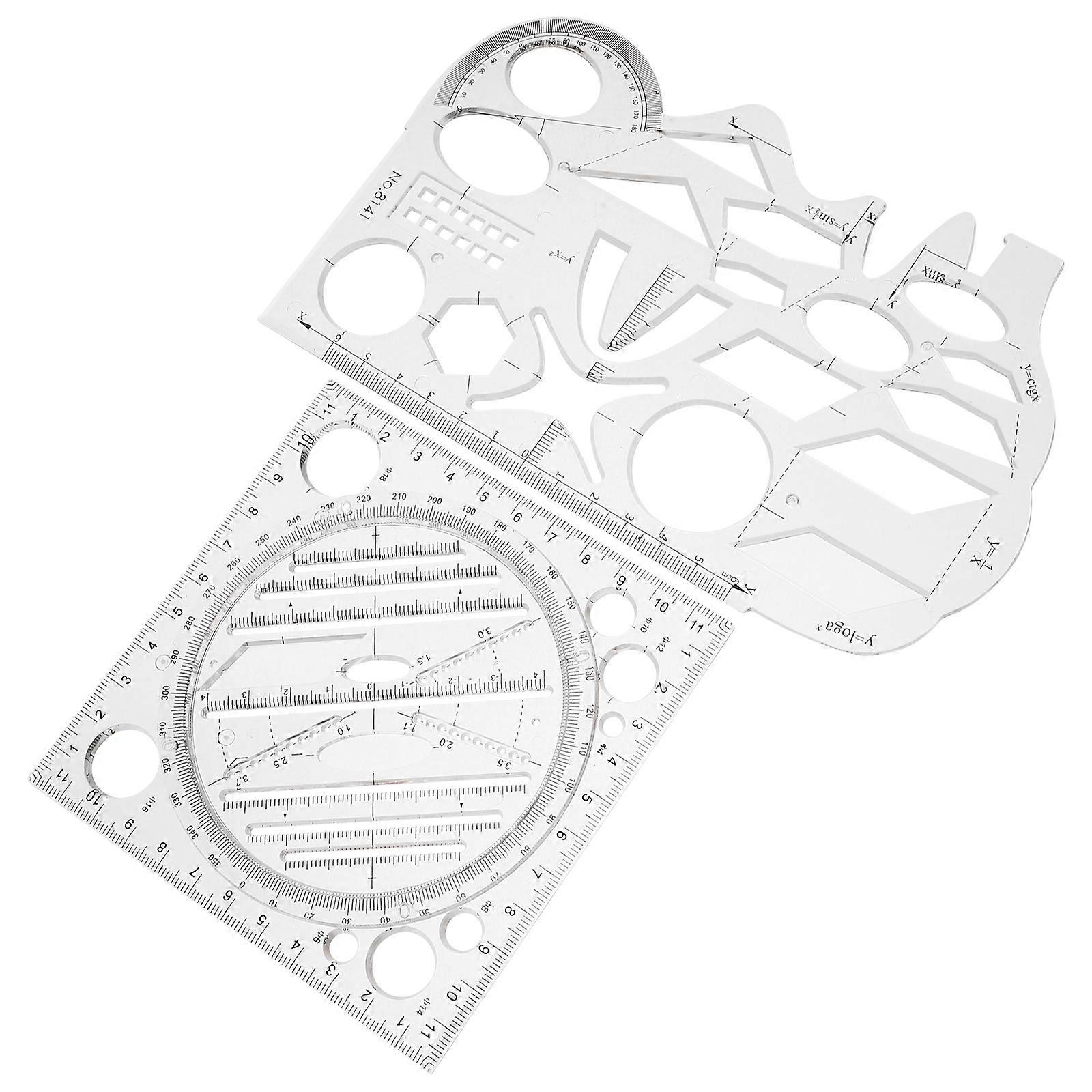 Geometric Drawing Ruler Multifunctional Tool for Math Use 2Pcs Transparent