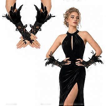 2PCS Feather Lace Long Gloves for Women Halloween Costume Gift