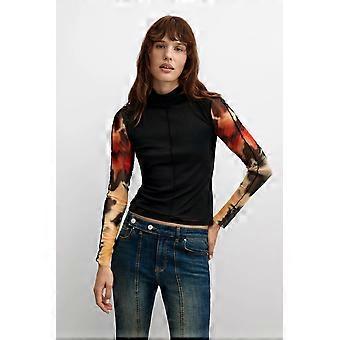 Desigual Estocolmo Long Sleeve Black Mesh Top with Contrast Abstract Arms 26WWTK41