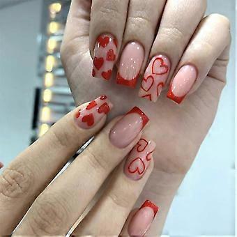 Valentine's Day Press on Nails Red Heart French Tip Fake Nails Reusable Acrylic Full Cover 24PCSCC
