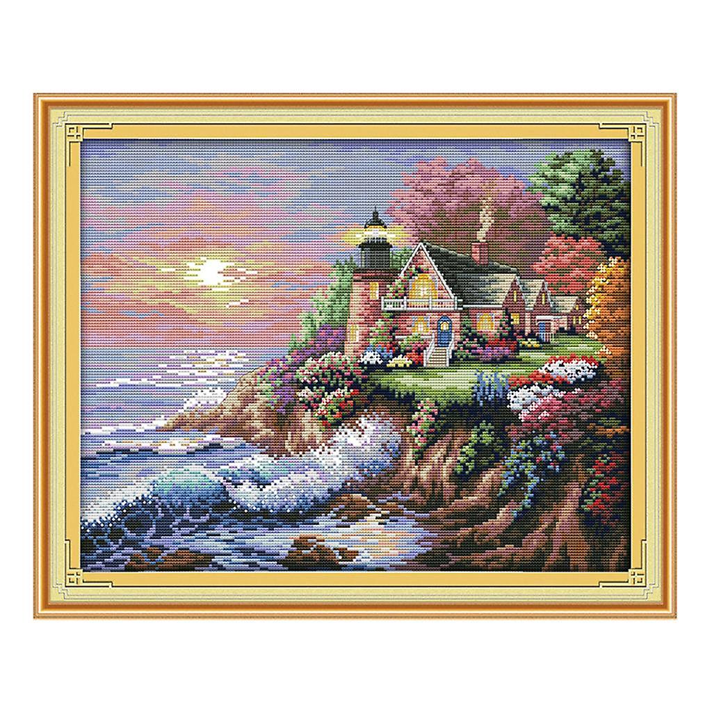 Stamped Cross Stitch Kit Seaside lighthouse Patterns For Beginners 56  45cm