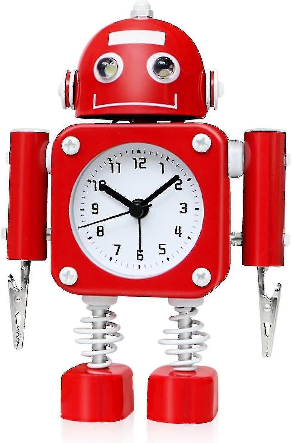 Non-ticking Robot Alarm Clock Stainless Metal - Wake-up Clock With Flashing Eye Lights And Hand Clip