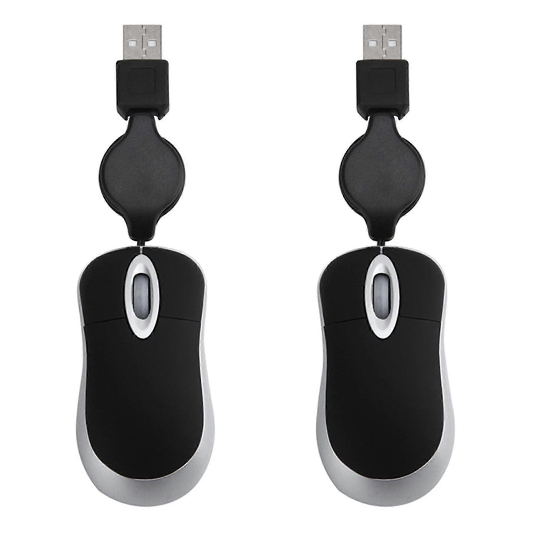 2x Mini Usb Wired Mouse Retractable Cable Tiny Mouse 1600 Dpi Optical Compact Travel Mice For Windo