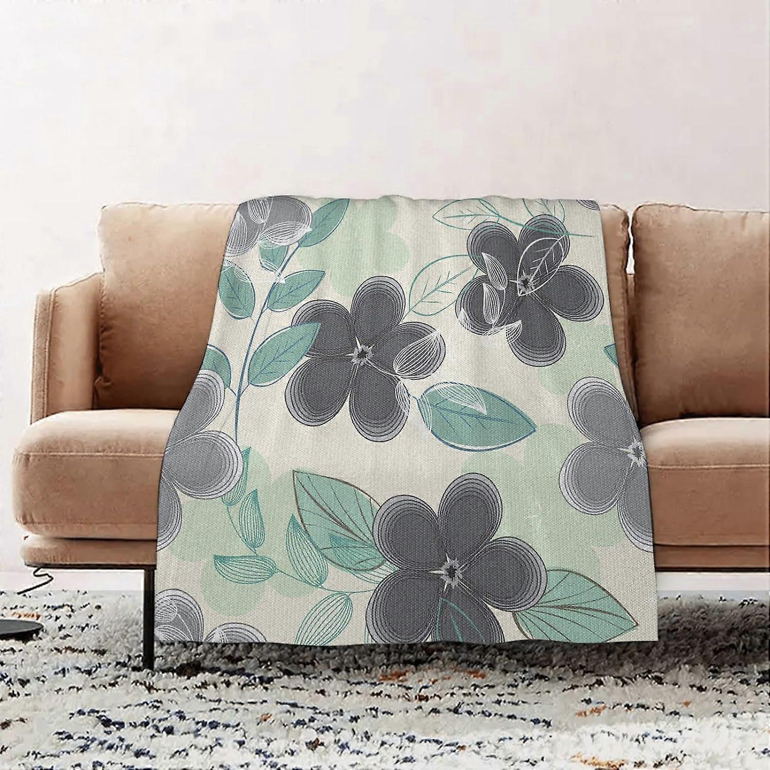 Premium Flannel Throw Blanket - Floral Abstract Nostalgia Pattern with Retro Blooms and Leaves Romantic.Gre flannel Blanket Sofa Throw, Blanket Fluffy